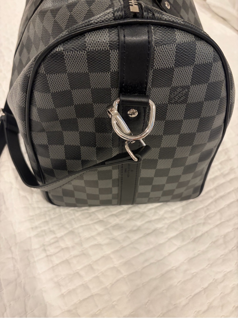 Designer-Style Black Checkered Duffel Bag with Removable Strap - Picture 3 of 8